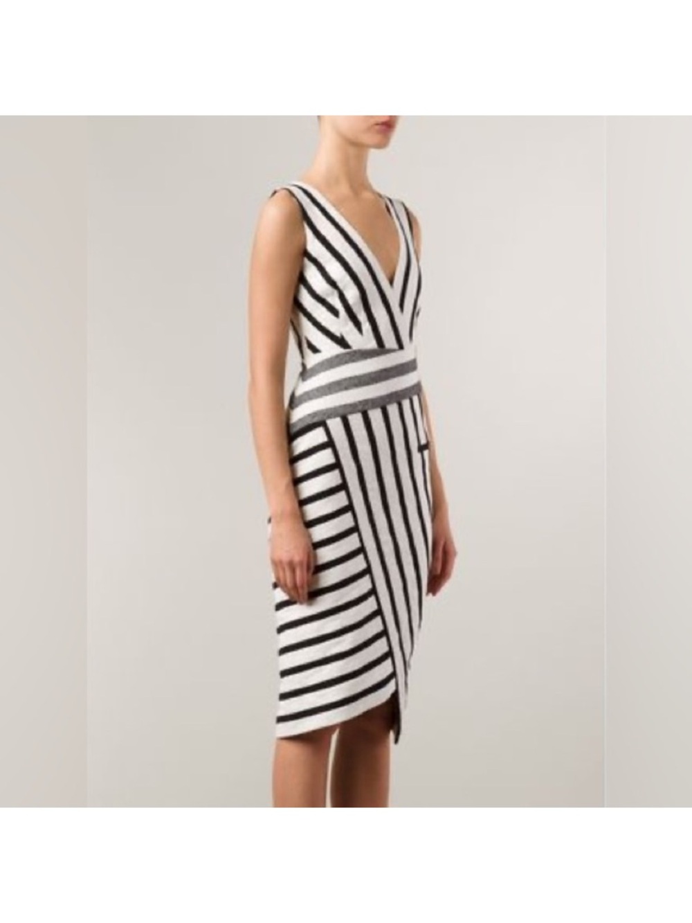 Altuzarra Black and White Striped V-Neck Midi Dress Size 6 🖤🩶🤍🖤